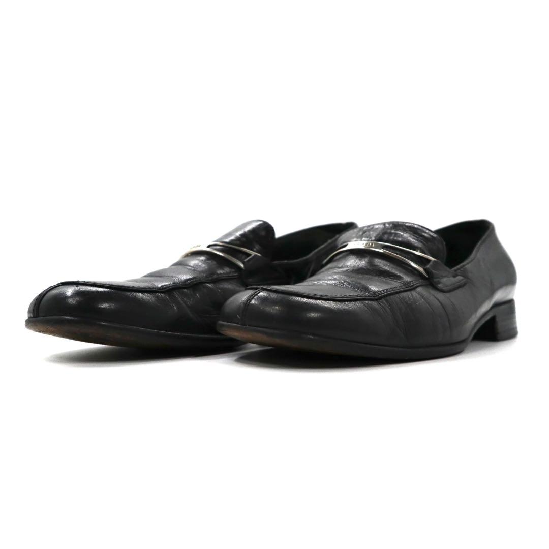 PRADA loafers 23cm black V-tip leather logo plate made in Italy