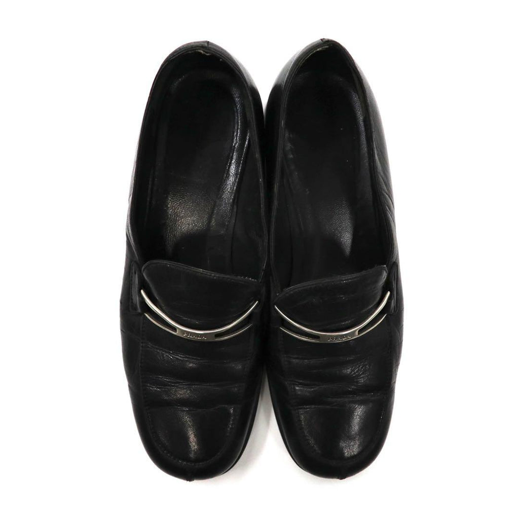 PRADA loafers 23cm black V-tip leather logo plate made in Italy