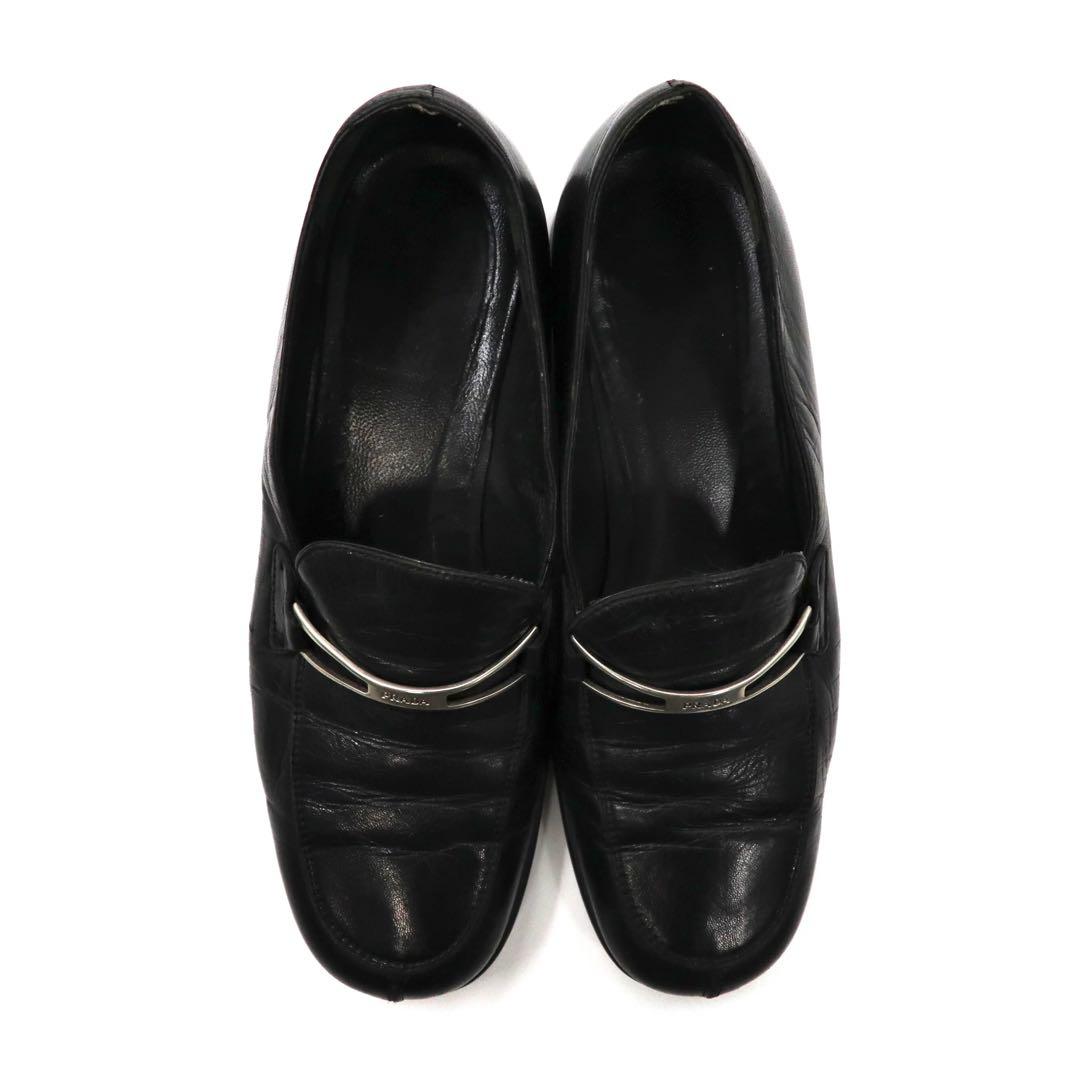 PRADA loafers 23cm black V-tip leather logo plate made in Italy