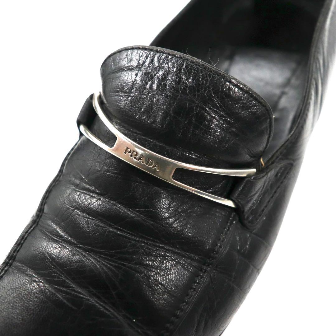 PRADA loafers 23cm black V-tip leather logo plate made in Italy