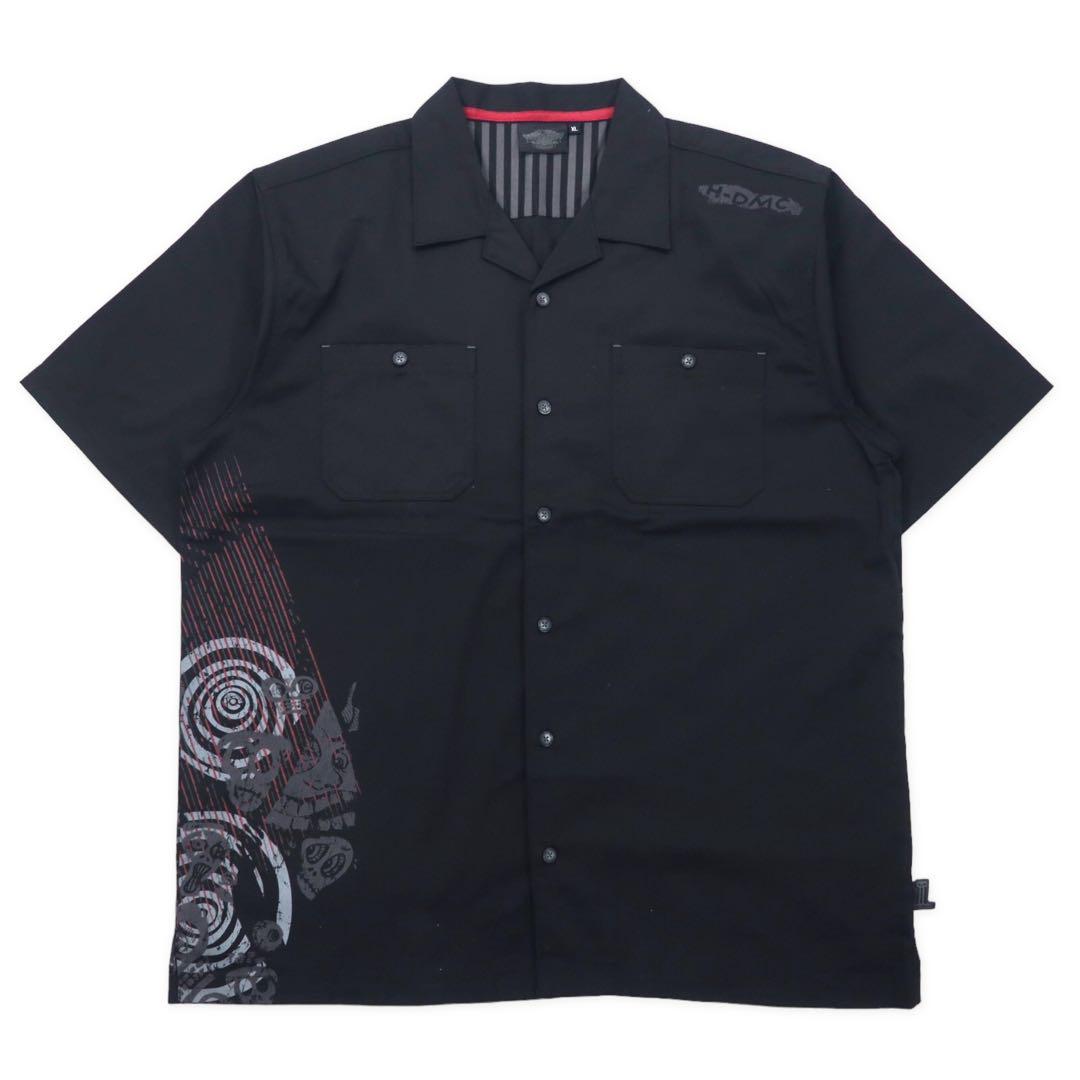 HARLEY DAVIDSON 半袖 オープンカラー ワークシャツ XL ブラック コットン ロゴプリント ビッグサイズ