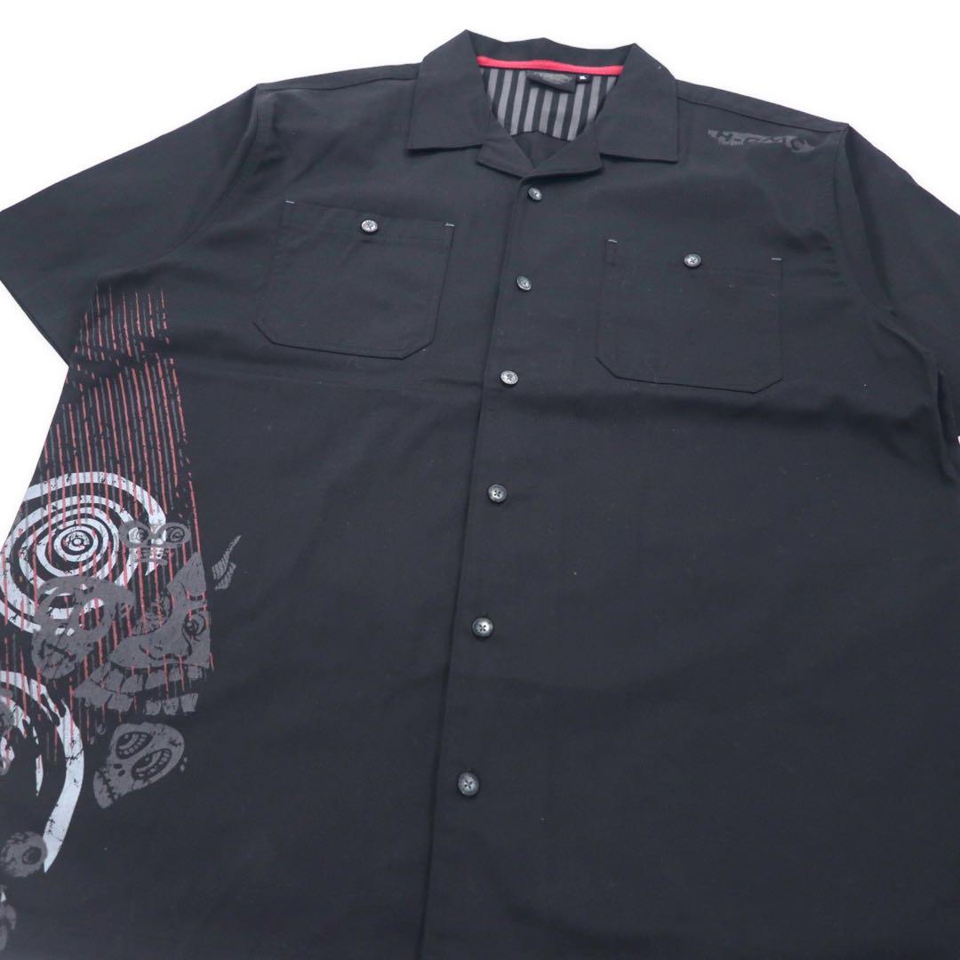HARLEY DAVIDSON Short Sleeve Open Collar Work Shirt XL Black Cotton Logo Print Big Size