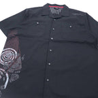 HARLEY DAVIDSON Short Sleeve Open Collar Work Shirt XL Black Cotton Logo Print Big Size