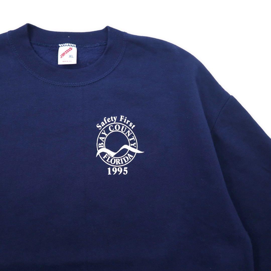 JERZEES Made in USA 90's Printed Sweatshirt XL Navy Cotton Brushed Back BAY COUNTY FLORIDA