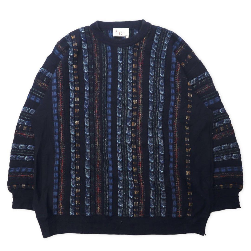 ALLISON WINGATE 3D Design Knit Sweater 58 Navy Wool Acrylic Euro Vintage Big Size