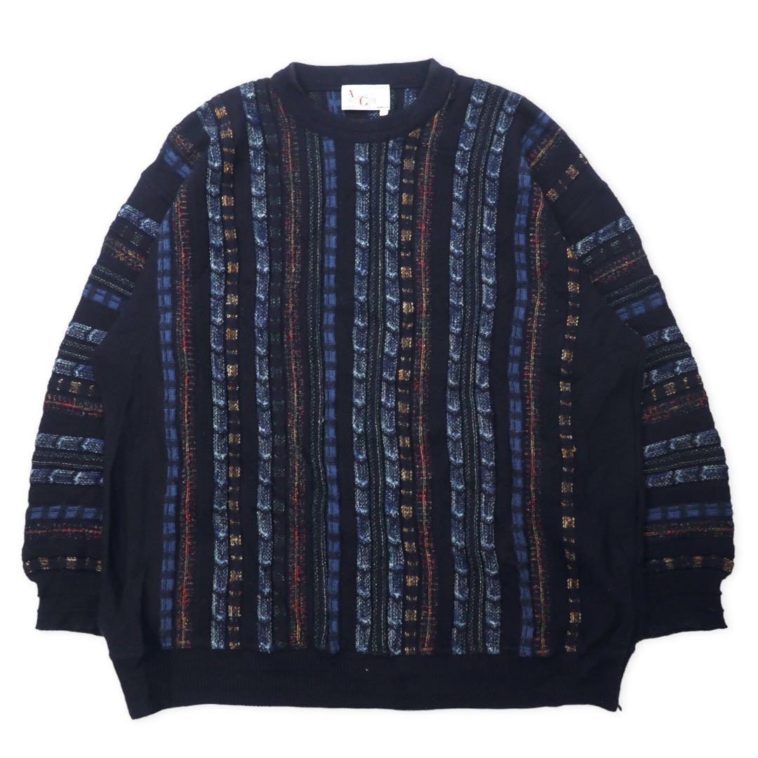 ALLISON WINGATE 3D Design Knit Sweater 58 Navy Wool Acrylic Euro Vintage Big Size