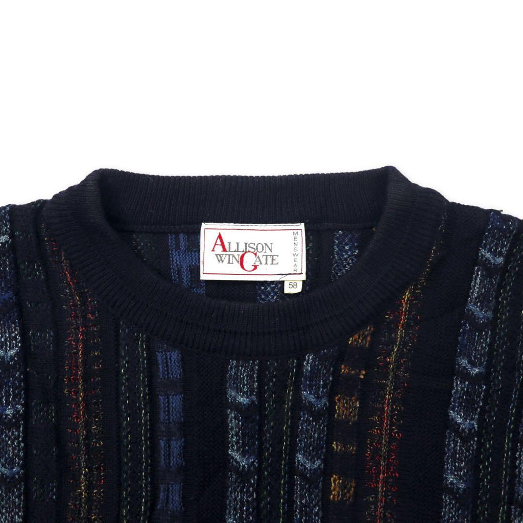ALLISON WINGATE 3D Design Knit Sweater 58 Navy Wool Acrylic Euro Vintage Big Size